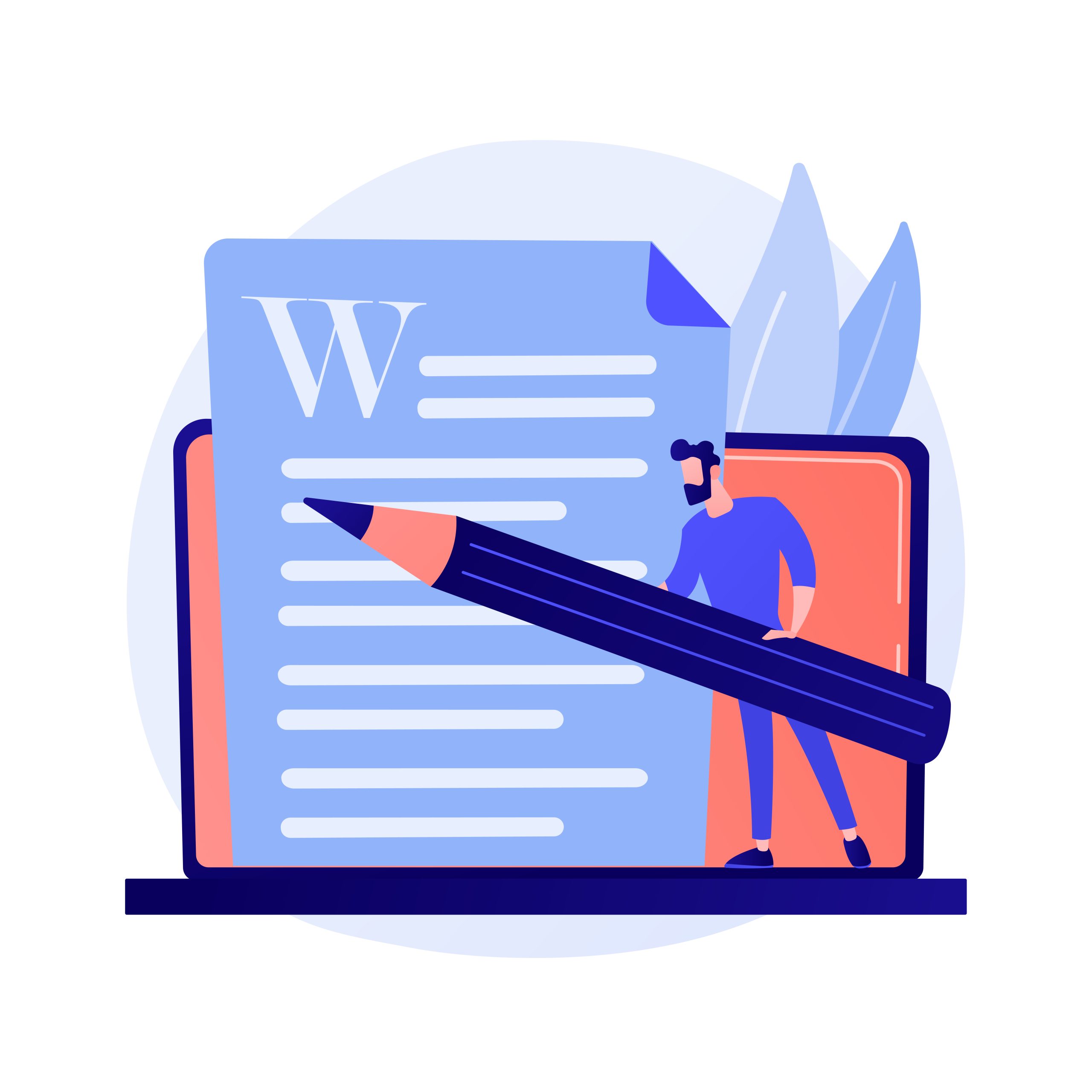 Creative content writing. Copywriting, blogging, Internet marketing. Article text editing and publishing. Online documents. Writer, editor character. Vector isolated concept metaphor illustration